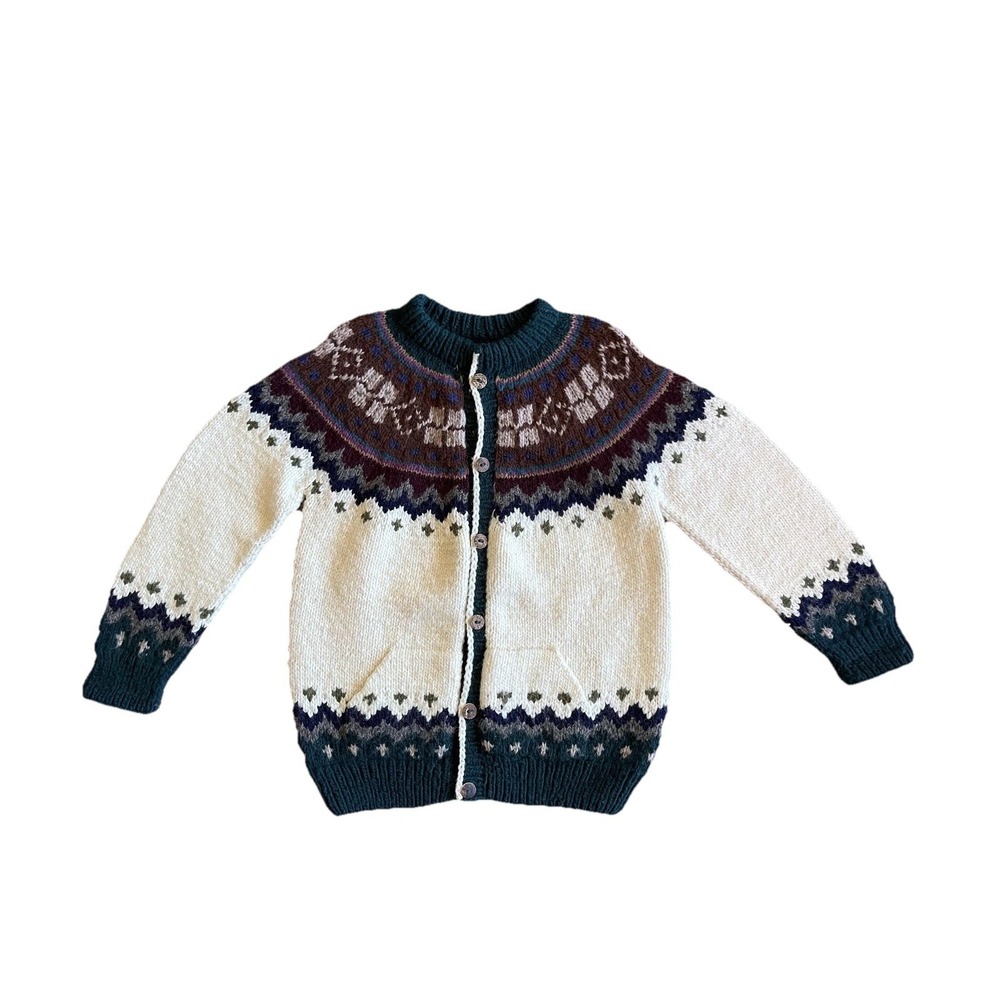 Downeast Trading Co Sweater Cardigan Mens Large White Wool Fair Isle Ecuador